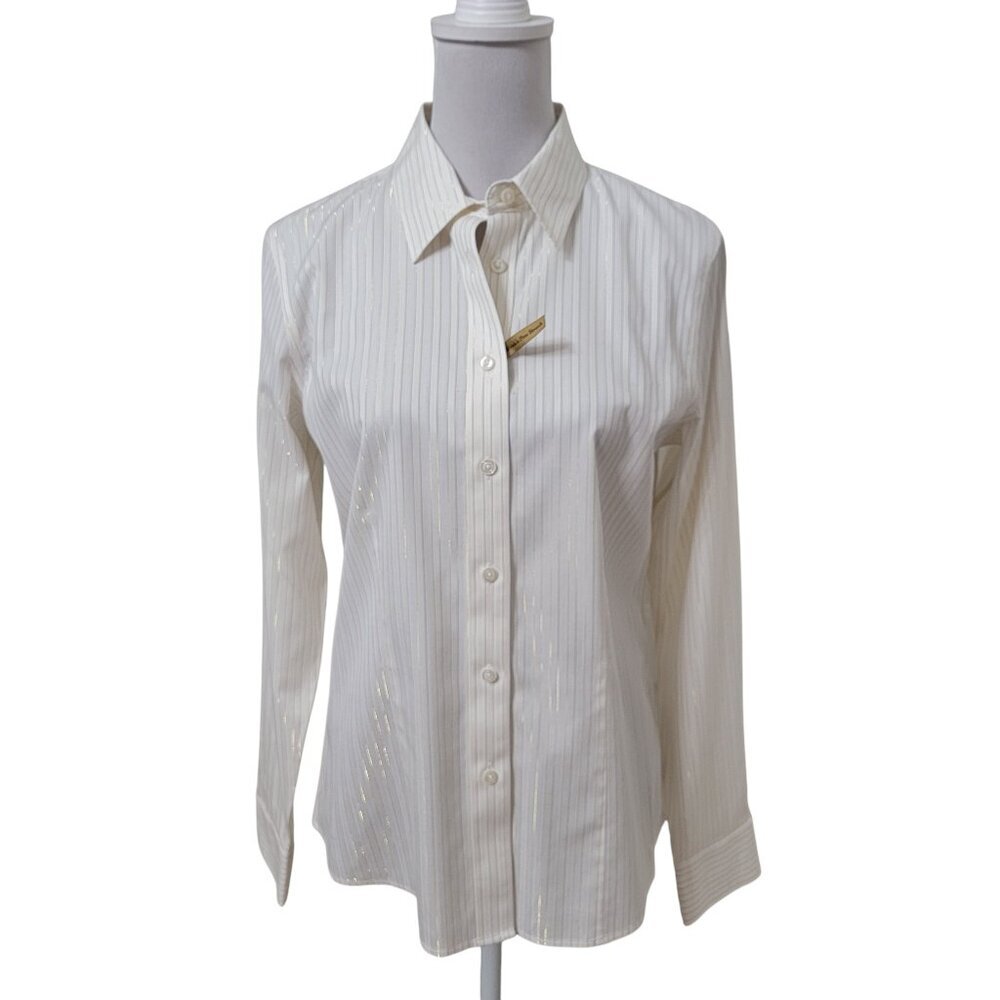 Alex Marie Size 10 Mary Kate Button Down Blouse in Gold Lurex Stripe NEW w/Tag